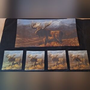 Moose Themed Glass Platter and 4 Coasters Set
